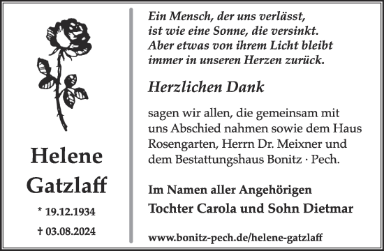 Traueranzeige von Helene Gatzlaff von WochenKurier