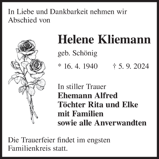 Traueranzeige von Helene Kliemann von WochenKurier