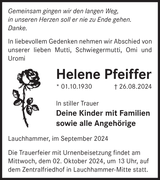 Traueranzeige von Helene Pfeiffer von WochenKurier