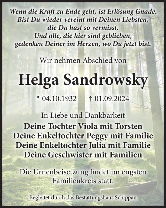 Traueranzeige von Helga Sandrowsky von WochenKurier