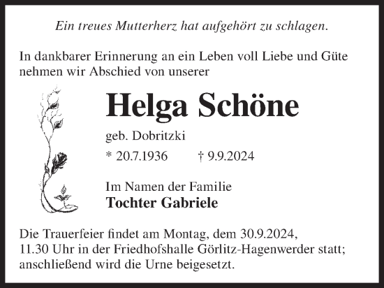 Traueranzeige von Helga Schöne von WochenKurier