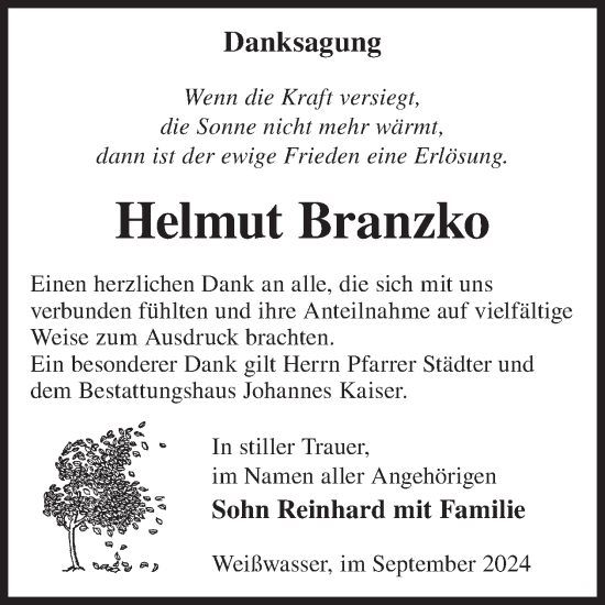 Traueranzeige von Helmut Branzko von WochenKurier