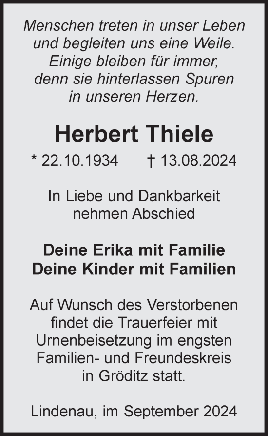 Traueranzeige von Herbert Thiele von WochenKurier