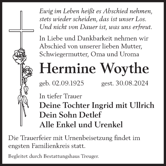 Traueranzeige von Hermine Woythe von WochenKurier