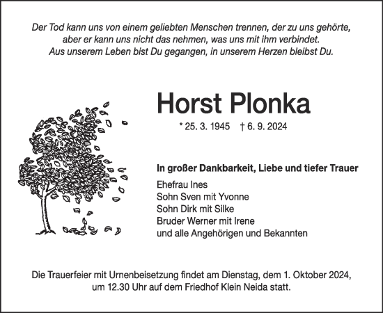 Traueranzeige von Horst Plonka von WochenKurier