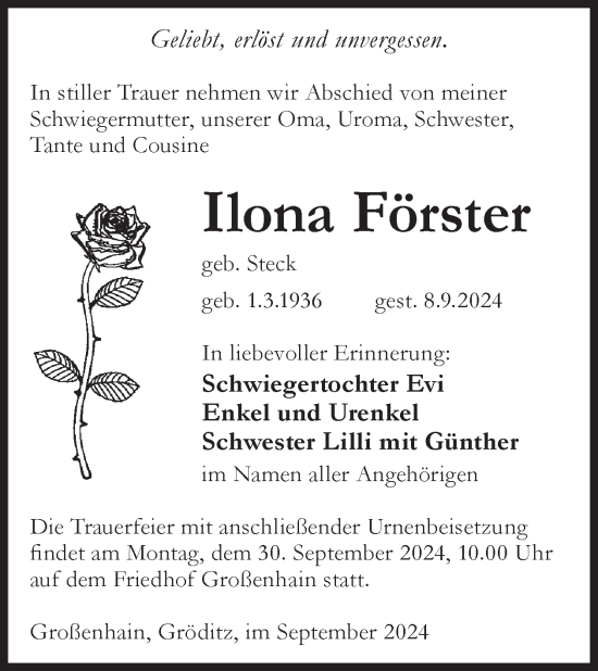 Traueranzeige von Ilona Förster von WochenKurier