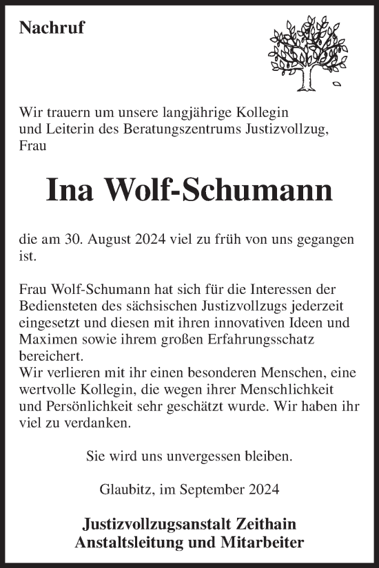 Traueranzeige von Ina Wolf-Schumann von WochenKurier