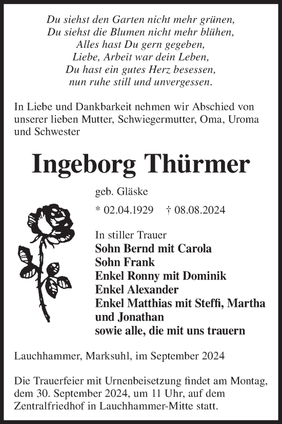 Traueranzeige von Ingeborg Thürmer von WochenKurier