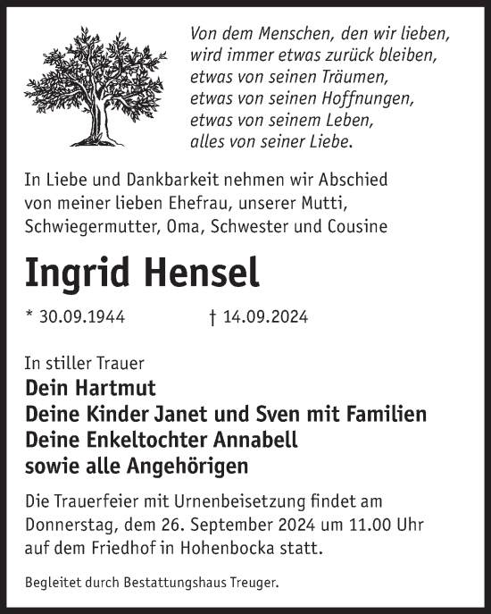 Traueranzeige von Ingrid Hensel von WochenKurier