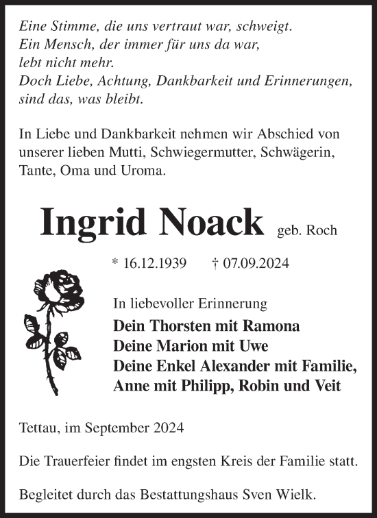 Traueranzeige von Ingrid Noack von WochenKurier