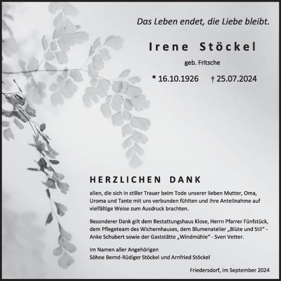 Traueranzeige von Irene Stöckel von WochenKurier