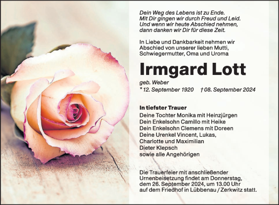 Traueranzeige von Irmgard Lott von WochenKurier