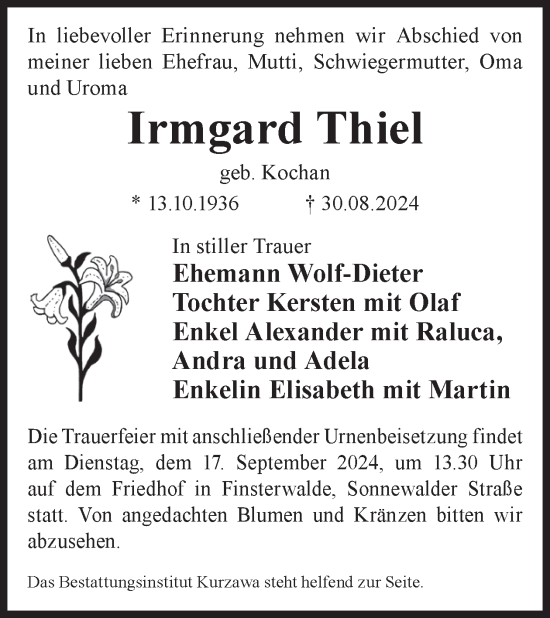 Traueranzeige von Irmgard Thiel von WochenKurier