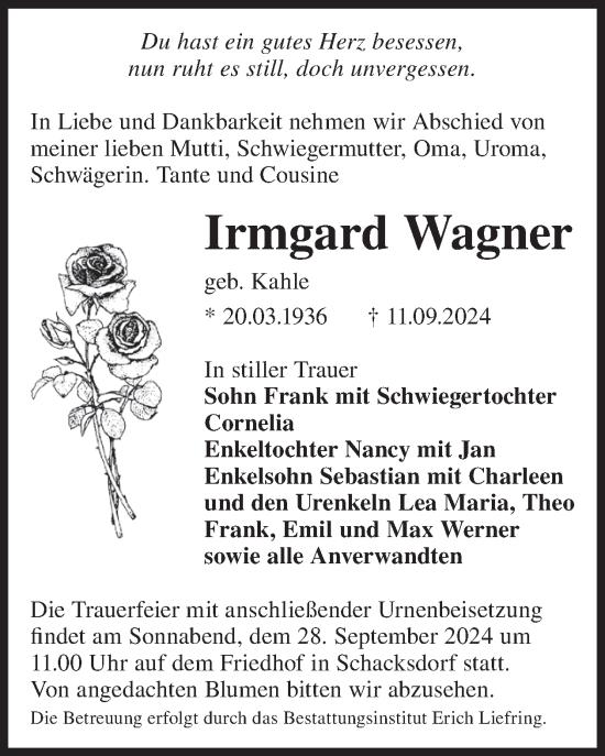 Traueranzeige von Irmgard Wagner von WochenKurier