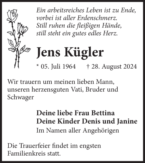 Traueranzeige von Jens Kügler von WochenKurier