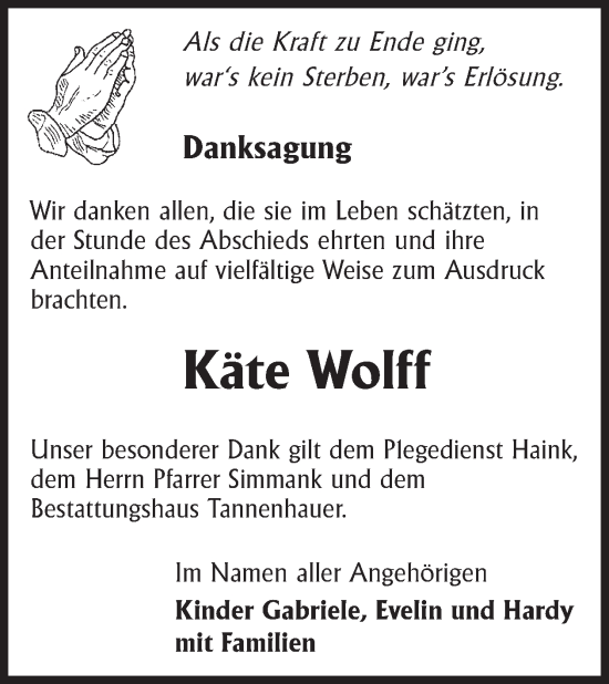 Traueranzeige von Käte Wolff von WochenKurier