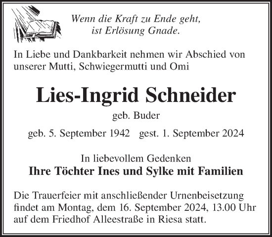 Traueranzeige von Lies-Ingrid Schneider von WochenKurier