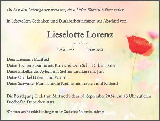 Traueranzeige von Lieselotte Lorenz von WochenKurier