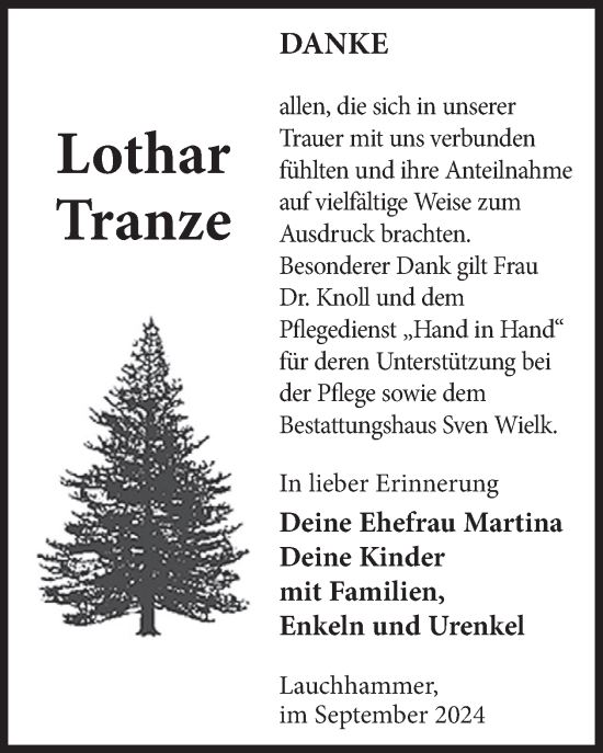 Traueranzeige von Lothar Tranze von WochenKurier