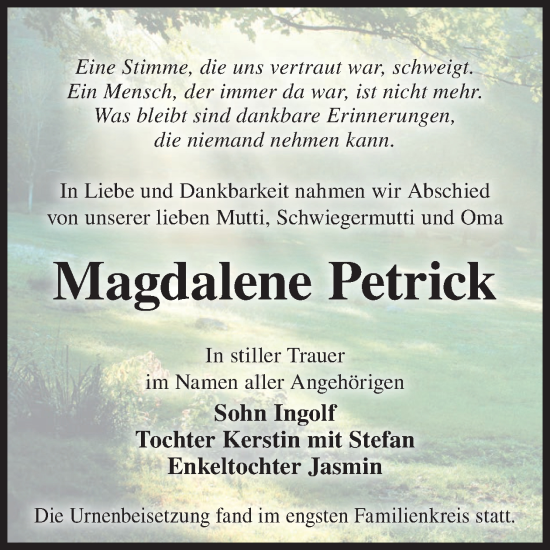 Traueranzeige von Magdalene Petrick von WochenKurier