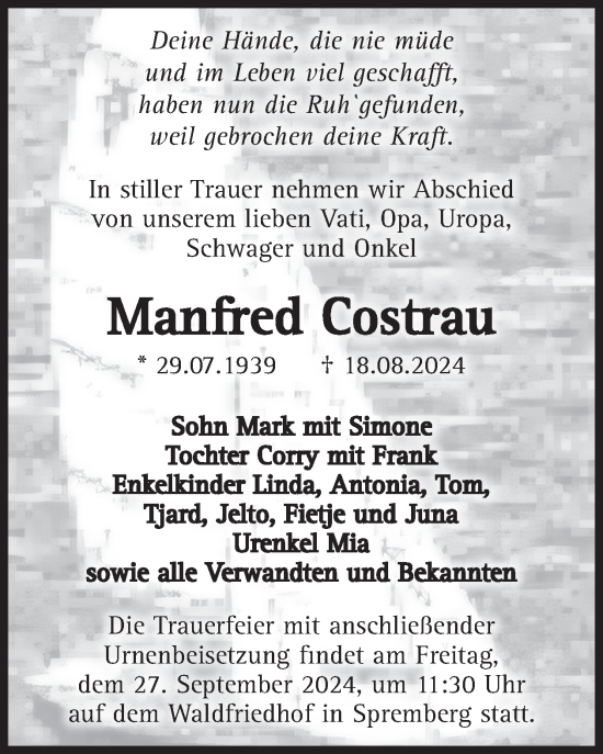 Traueranzeige von Manfred Costrau von WochenKurier