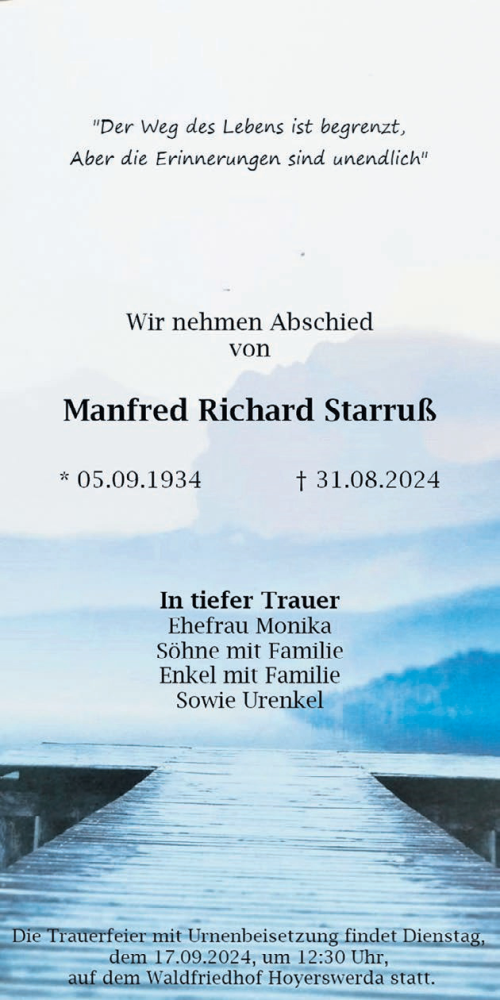 Traueranzeige von Manfred Richard Starruß von WochenKurier