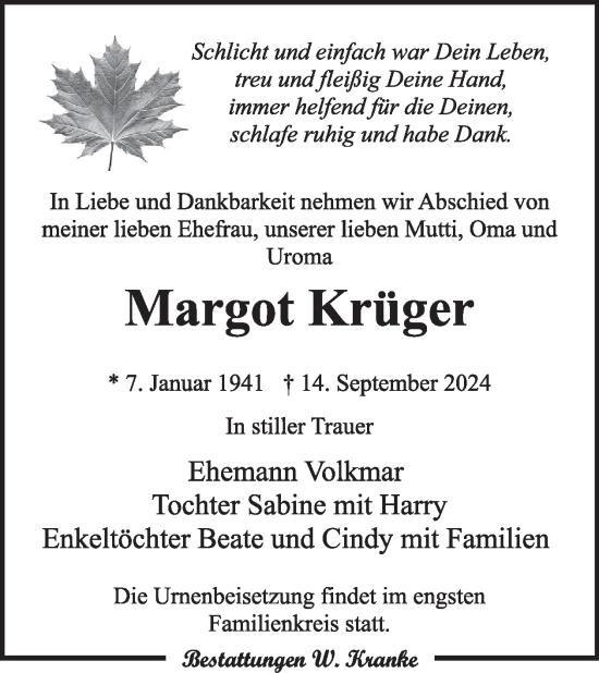 Traueranzeige von Margot Krüger von WochenKurier