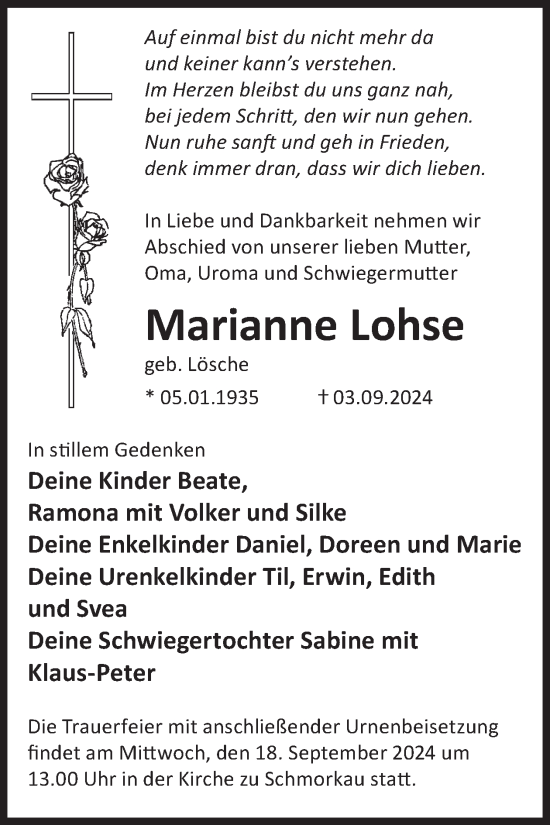 Traueranzeige von Marianne Lohse von WochenKurier