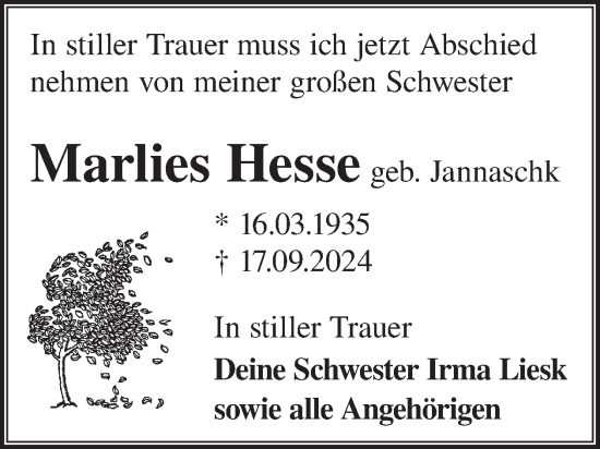 Traueranzeige von Marlies Hesse von WochenKurier