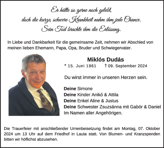 Traueranzeige von Miklos Dudas von WochenKurier