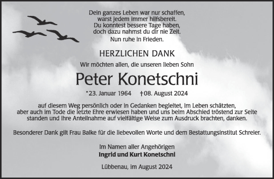 Traueranzeige von Peter Konetschni von WochenKurier