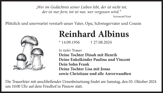 Traueranzeige von Reinhard Albinus von WochenKurier