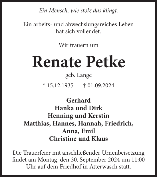 Traueranzeige von Renate Petke von WochenKurier