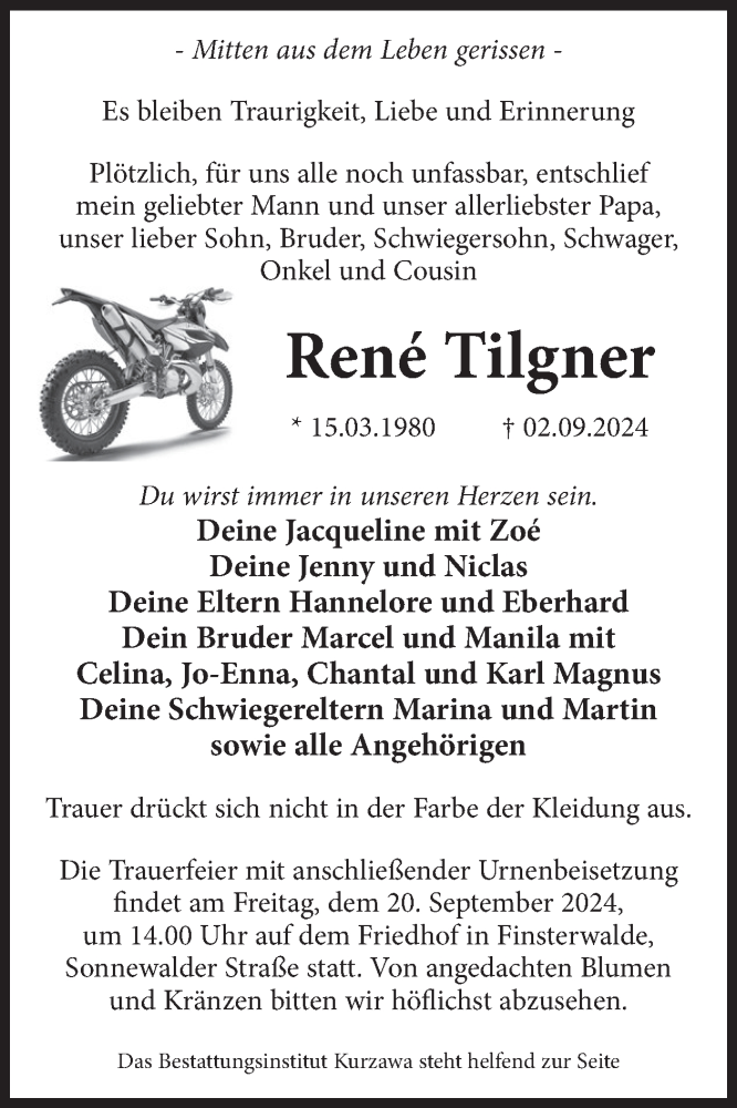  Traueranzeige für René Tilgner vom 11.09.2024 aus WochenKurier