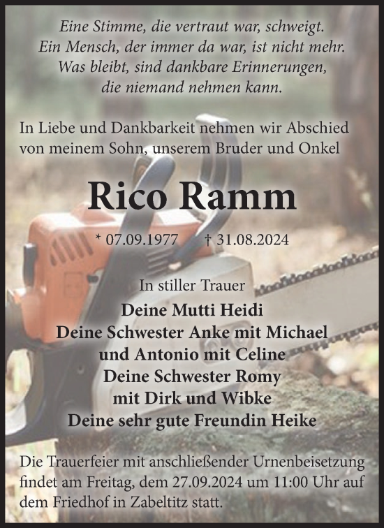 Traueranzeige von Rico Ramm von WochenKurier