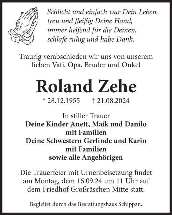 Traueranzeige von Roland Zehe von WochenKurier