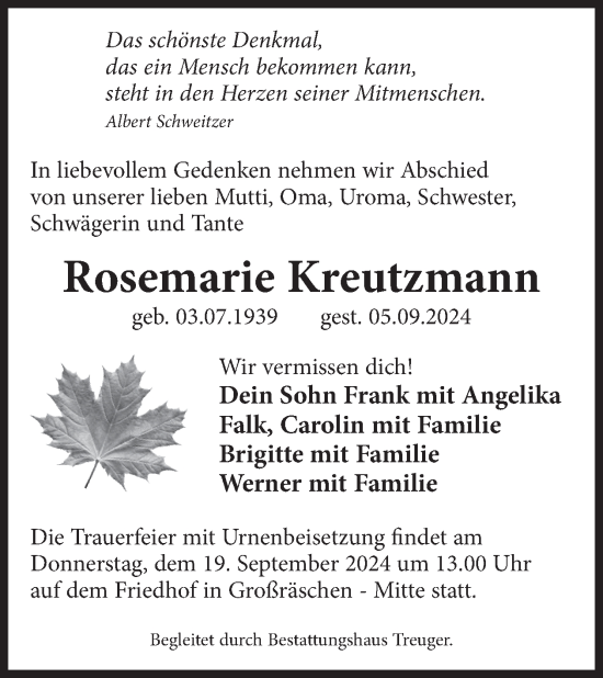 Traueranzeige von Rosemarie Kreutzmann von WochenKurier