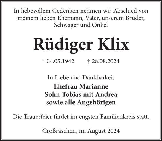 Traueranzeige von Rüdiger Klix von WochenKurier