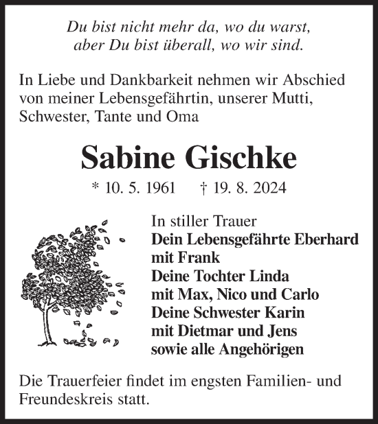 Traueranzeige von Sabine Gischke von WochenKurier