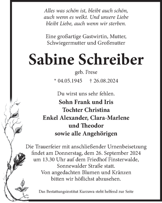 Traueranzeige von Sabine Schreiber von WochenKurier