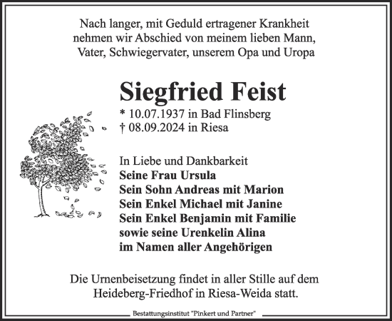 Traueranzeige von Siegfried Feist von WochenKurier