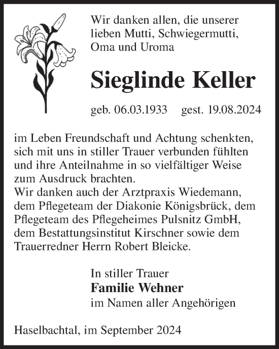 Traueranzeige von Sieglinde Keller von WochenKurier