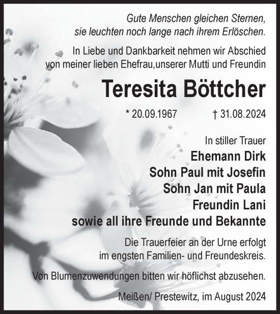 Traueranzeige von Teresita Böttcher von WochenKurier