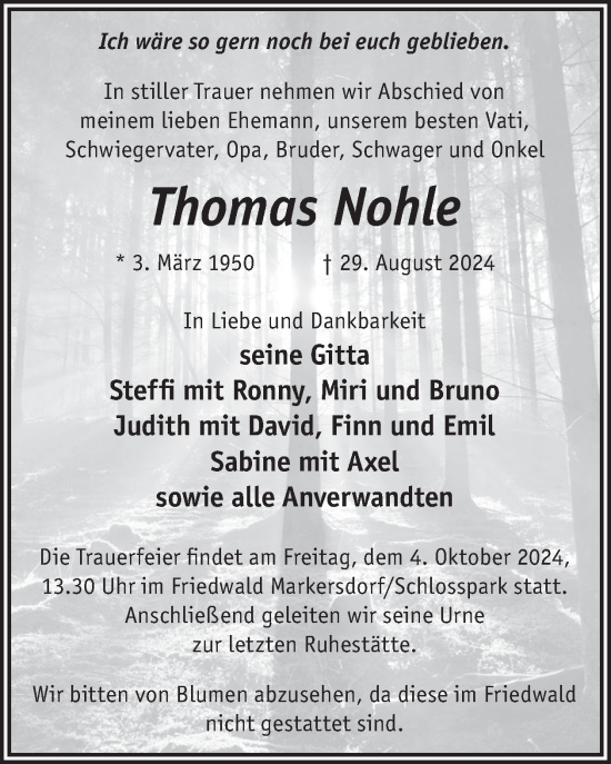 Traueranzeige von Thomas Nohle von WochenKurier