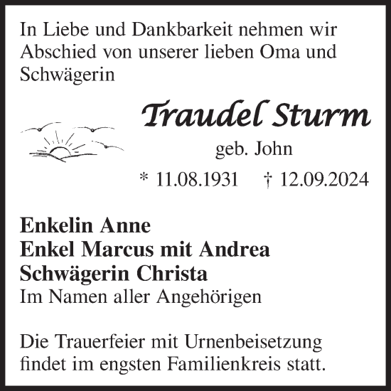 Traueranzeige von Traudel Sturm von WochenKurier