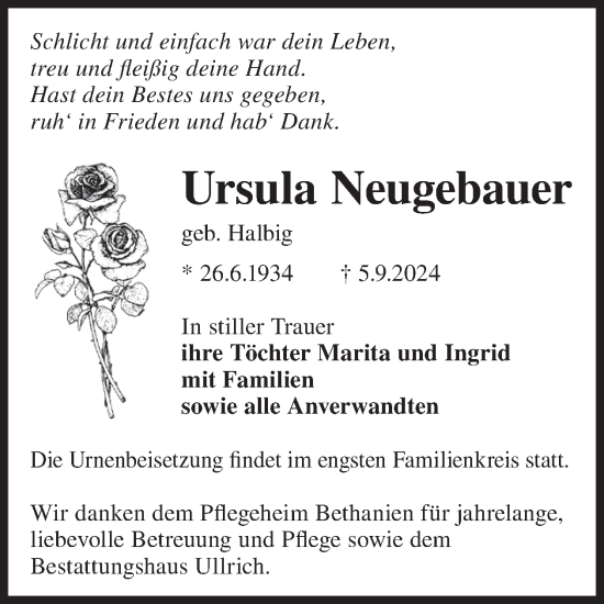 Traueranzeige von Ursula Neugebauer von WochenKurier