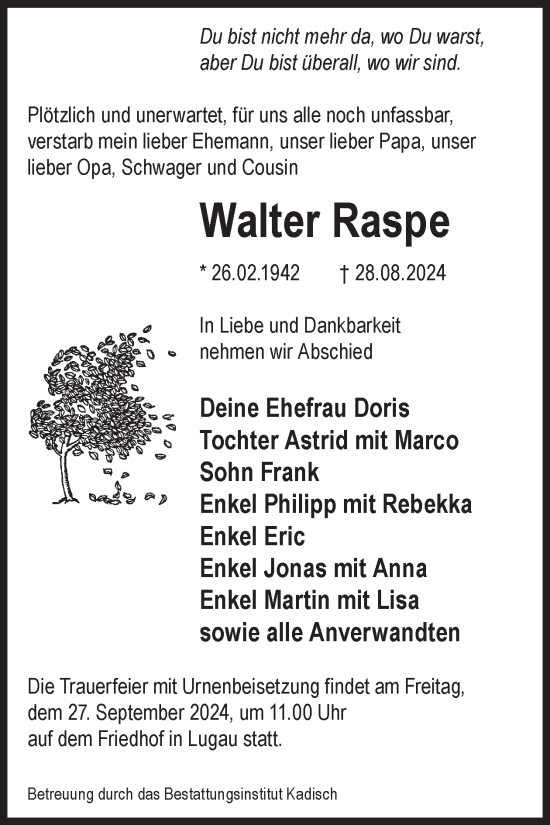 Traueranzeige von Walter Raspe von WochenKurier