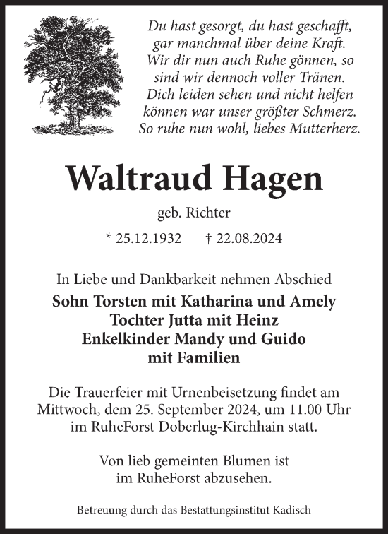 Traueranzeige von Waltraud Hagen von WochenKurier