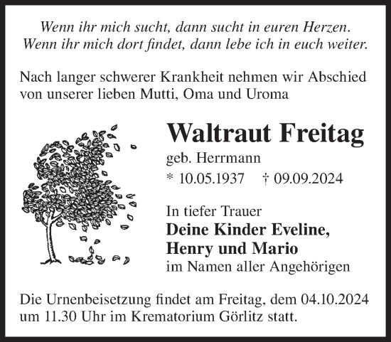 Traueranzeige von Waltraut Freitag von WochenKurier