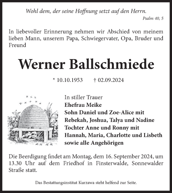 Traueranzeige von Werner Ballschmiede von WochenKurier